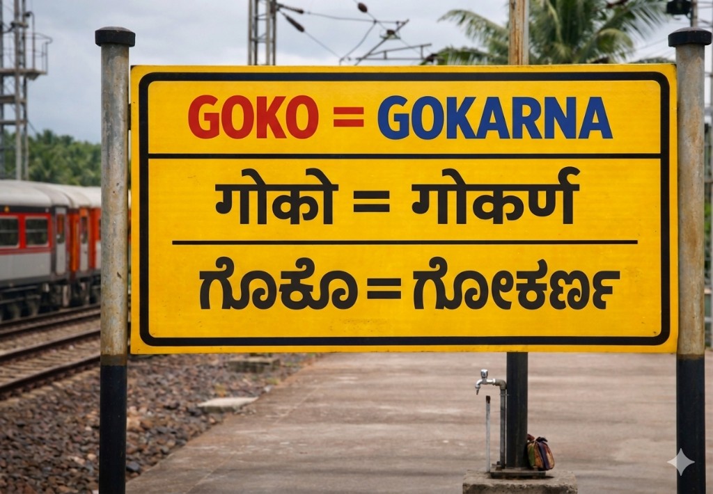 Railway sign showing Goko = Gokarna in English, Hindi, and Kannada